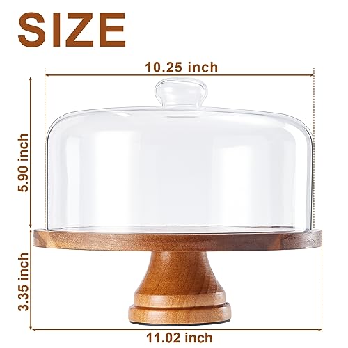 Yangbaga Glass Cake Stand with Lid,11in Wooden Rotating Cake Stand with Dome Cover, Cake Plate Display Server Tray for Birthday Kitchen Party - Image 4