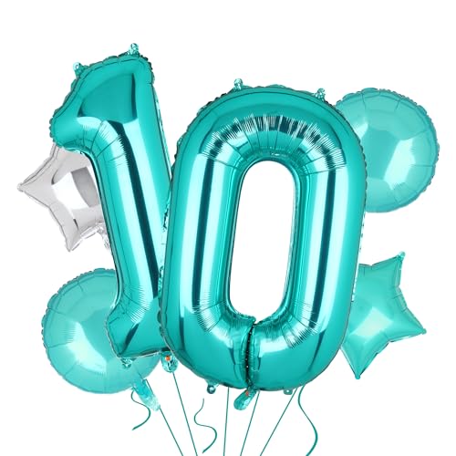 Image of Teal Blue Number 10 Balloons 40 Inch Big Helium Mylar Digital Balloon Mermaid Theme Anniversary Wedding Kids 10th Birthday Party Decor Supplies 5 Pcs