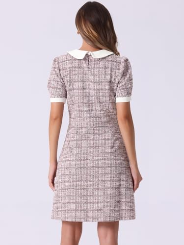 Image of Allegra K Peter Pan Collar Dresses for Women's Plaid Puff Short Sleeve Mini Tweed Dress