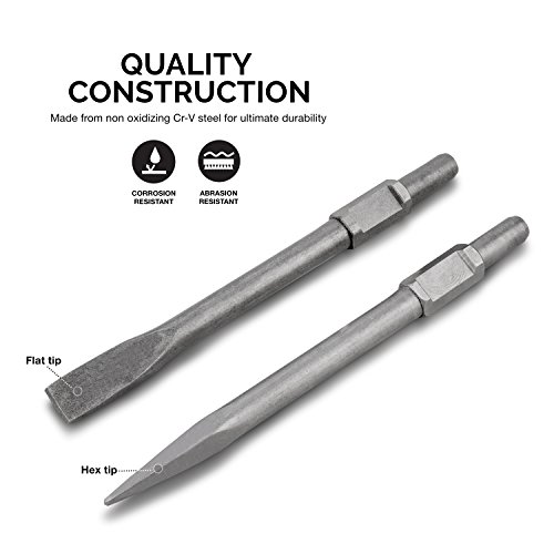 Tooluxe 02625 Demolition Jack Hammer Bit Set, Chromium-Vanadium Steel | Flat Tip and Bull Point Chisels - Thumbnail 3