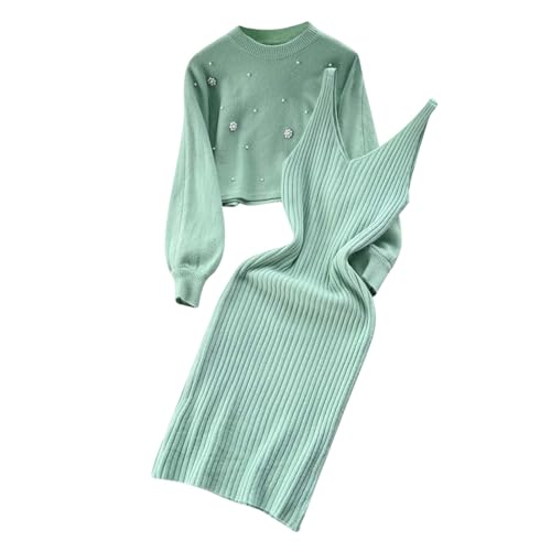 Damen Strickkleid Zweiteiliger Anzug Longpullover Figurbetontes Winterkleid Pullover Oberteil und Kleid Bodycon 2 Stück Set Sweater Midikleid...