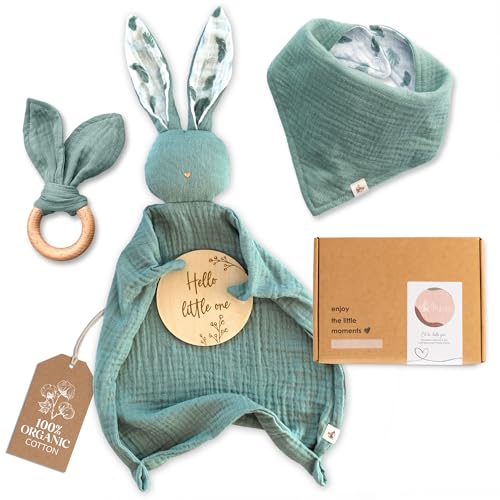 Image of Mikito Organic Cotton Newborn Gift Box, Unisex Baby Gifts Including Muslin Lovey Comforter, Bandana Bib, Wooden Teether & Birth Announcement Sign