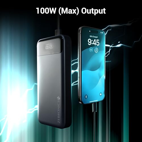 Image of ZEBRONICS EnergiPOD 27R3 Power Bank, 27000 mAh, 100W, PD 3.0 Type C, Rapid Charging, Outputs - Dual Type C | USB A, LED Display, Auto Protections, Flight Friendly, Made in India (Black+Grey)