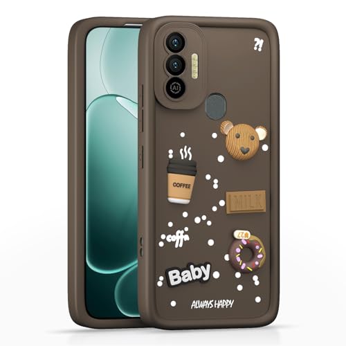 Image of Pikkme Back Cover for Tecno Spark 7 / 7T | 3D Bear Silicone Cute & Fun Coffee Cartoon | Full Body Protection Bumper Case (Brown)