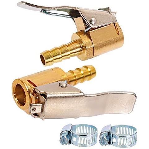 Toolwiz Tire Chuck 2 pcs Air Chuck 1/4 Inch Brass Tyre Valve Air Pump Clip Tire Inflator Open Flow Straight Lock-on Air Compressor Hose End with Barb Connector for Hose Repair Cover