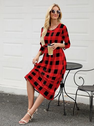 Image of Heymoments Women's Casual 3 /4 Sleeve Midi Dress Crewneck A Line Tiered Flowy Loose Travel Long Dresses with Pockets