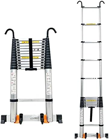 10-26 FT Compact Telescoping Aluminum Ladder with Roof Hooks - Lightweight Portable Adjustable for Attic RV Rooftop Camper Use - Safe and Versatile Extension Ladder