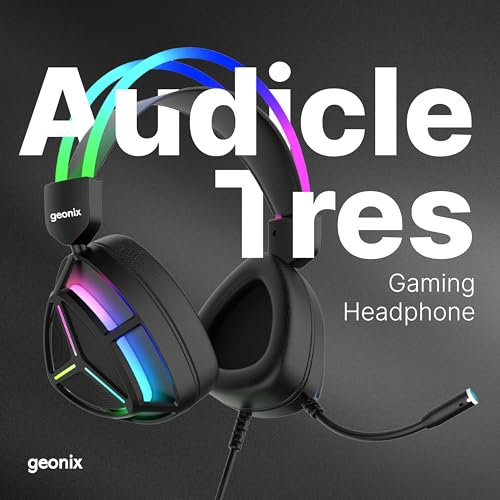Image of Geonix Audicle Tres Stereo Wired Gaming Over Ear Headphone with RGB Light, 50mm Neodymium Driver, 2 Mtr braided Cable, Flexible mic, Extra Soft Cushion, Suspension Headband, 3.5mm+USB Connector(Black)