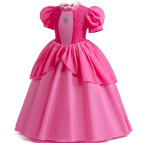 Houtclort Princess Peach Costume for Girls,Super Brothers Princess Peach Dress for Kids Cosplay Halloween Party Dress Up