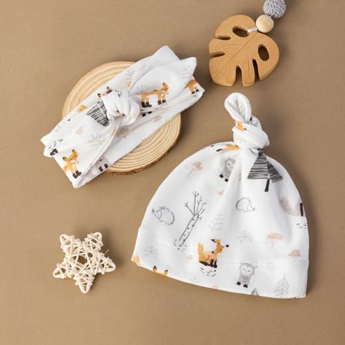 Image of BabyWhale Muslin Swaddle Blanket with Hat and Headband Bow, Animals Print Swaddle Set for Baby Boys ＆ Girls, Newborn Soft Receiving Blanket Wrap, Owls, Foxes, Hedgehogs Pattern, 47x47 inches