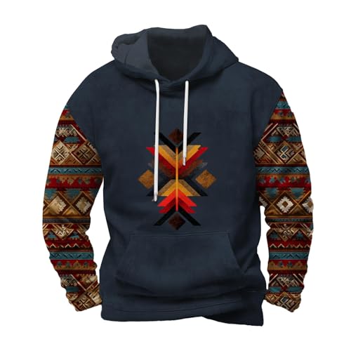 Aztec Hoodies for Men Long Sleeve Fall Western Tribal Cowboy Hooded Sweatshirt Vintage Graphic Hoodie with Pocket
