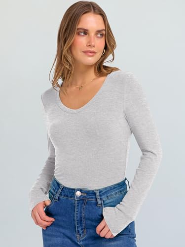 Image of ANRABESS Long Sleeve V Neck Shirts for Women | Soft Comfy Ribbed Knit Fitted Tshirts, Casual Going Out Tops, 2026 Trendy Basic, Fall Winter Underscrub Layering Clothes