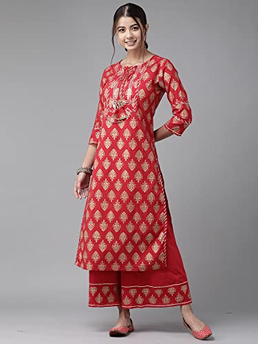Image of INDO ERA Women's Pure Cotton Printed Straight Kurta with Sharara Set(KS0RD2400)