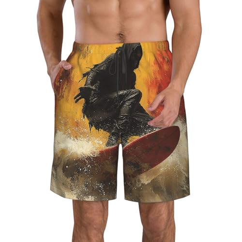 Men's Beach Shorts Board Casual Quick Dry Swim Trunks Holiday - Grim Reaper Surf Retro