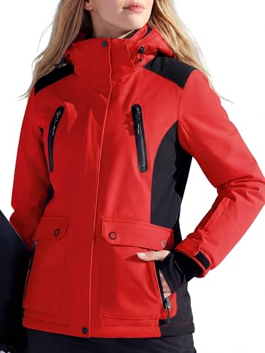 FREE SOLDIER Women's Waterproof Ski Snow Jacket Warm Fleece Lined Winter Rain Jacket with Hood Fully Taped Seams (Urban Red,Medium)