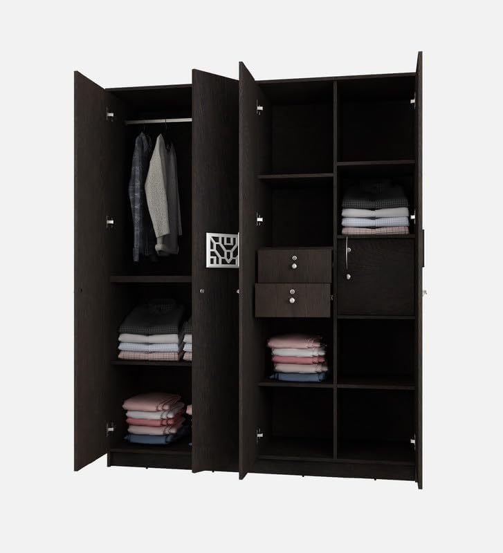Image of Castle Multipurpose 4-Door Wardrobe | Engineered Wood | Spacious Closet Storage | Dark Wenge Finish | Sturdy & Durable | Easy Knock-Down Assembly