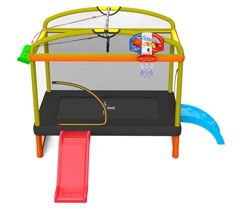 LANGXUN 6.5Ft 7-in-1 Rectangle Trampoline for Kids, with Climb, Slide, Swing, Basketball Hoop, Multi-Functional Indoor Outdoor Baby Toddler Mini Trampoline for Girls and Boys Birthday Gift, Age 1-10