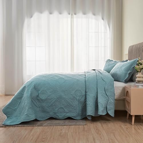 Image of Oversized Cal King Bedspreads 120x120 for Extra Tall Split California King Bed Lightweight Quilted Coverlet Set 3 Pieces 1 Quilt 2 Pillow Shams Blue