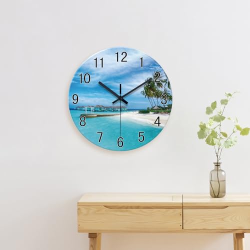 Image of XFM Large Beach Wall Clock 20 Inch Silent Coastal Nautical | Non-Ticking Battery Operated Blue Modern Glass Decorative for Living Room Kitchen Bedroom Office