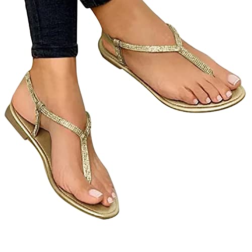 MJGkhiy Sandalias planas de verano para mujer Tobillo Correa Plana Sandalias de Fiesta Nupcial Sandalias con tachuelas Mujer Sandalias Trekking Mujer Verano Clip Toe Zapatos Chanclas, dorado, 38 EU