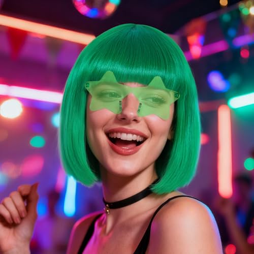 Image of ANOGOL Dark Green Bob Wig with Bangs Green Wigs for Women Colored Wigs | Hair Cap+Sunglasses Short Neon Wig for Bachelorette Party Funny Outfit for Women Halloween Christmas Costume St Patrick Day