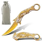 SISITECH Pocket Knife, Cool Embossed 3D dragon Folding Knife, Great Gift Edc Knives For Men Women Outdoor Survival Camping Hiking (Gold)