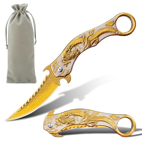 SISITECH Pocket Knife Cool Embossed 3D dragon Folding Knife Great Gift Edc Knives For Men Women Outdoor Survival Camping Hiking (Gold)