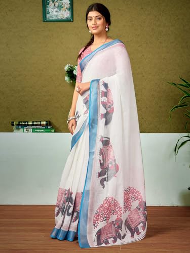 Image of SIRIL Women's Linen Digital Printed Saree With Unstitched Blouse Piece