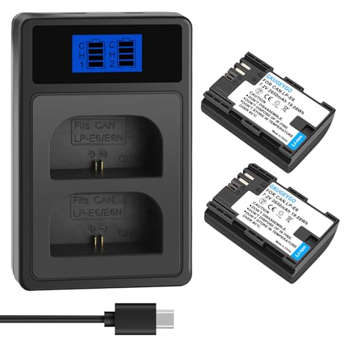 2-Pack LP-E6 LP-E6N Battery and Dual Slot Charger for Canon EOS R7, R6, R5, R, 6D Mark II, 5D Mark IV, 5D Mark III, 5DS, 5DS R, 5D Mark II, 80D, 90D, 6D, 7D, 7D Mark II, C700, XC10, XC15 Camera