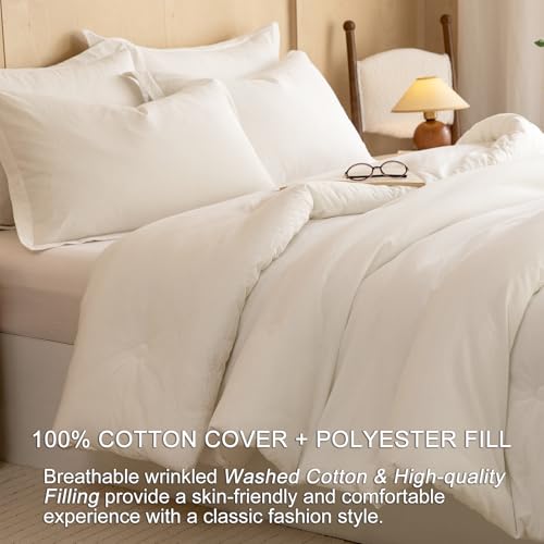 Image of Cyusri Cotton Solid Full Comforter Set - Soft Lightweight Bedding 3 Pieces Dyed Bed Set with 2 Pillow Shams,Reversible All Season Farmhouse Down Alternative(Full Size 80 inchx90 inch White)