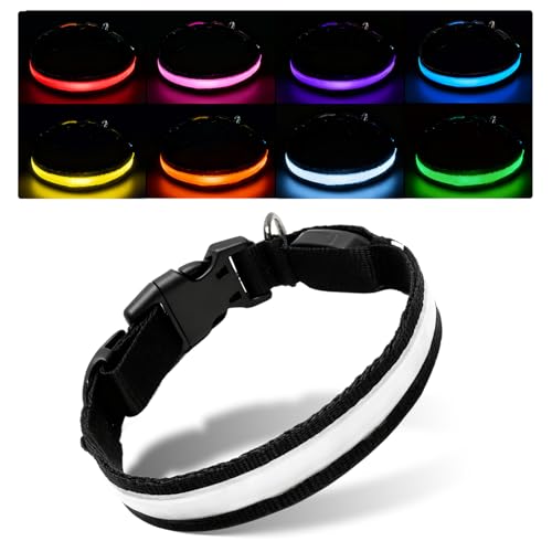 VOSSOT Collare Luminoso Cani LED Ricaricabile, Collare Cani Regolabile Impermeabil 3 Modalità Illuminazione (Flash Veloce, Lento, Multicolore), 7 Colori Collare Sicurezza Notte Luminoso Piccoli, Medi