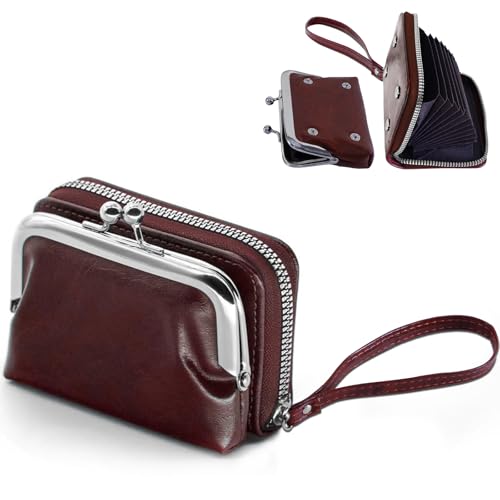 Detachable 2 in 1 Genuine Leather Wallet for Women Credit Card Holder with Zipper Coin Purse (Wine Red)