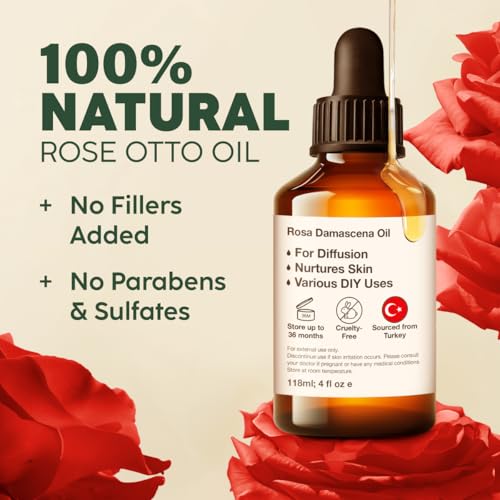Image of 100% Pure Rose Otto Oil - 4 Fl Oz Rose Otto Essential Oil for Hair, Skin, Diffuser, Aromatherapy & DIY Soap Making Scent