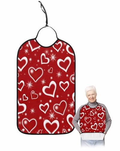 LEOKOTI Love Valentine Adult Bibs for Eating, Waterproof Bibs with Food Catcher & Adjustable Snap Closure, Red Love Heart Romantic Washable Clothing Protectors Adult Bibs for Elderly Women/Men