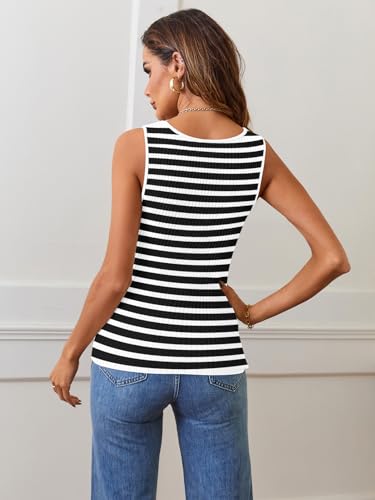 Image of MEROKEETY Women's Summer Square Neck Tank Tops | Sleeveless, Ribbed Knit, Striped Pattern, Slim Fit, Stretchy Soft Sweater Vest Casual Work Outfits