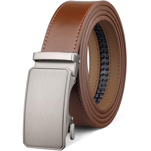 Image of Drowsmen Leather ratchet belt 1 3 /8 inch with Click Sliding Automatic Buckle, Adjustable belt Trim to Fit