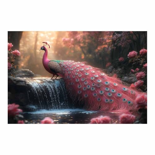 Paon rose poster décoration intérieur cascade roses toile 70x100