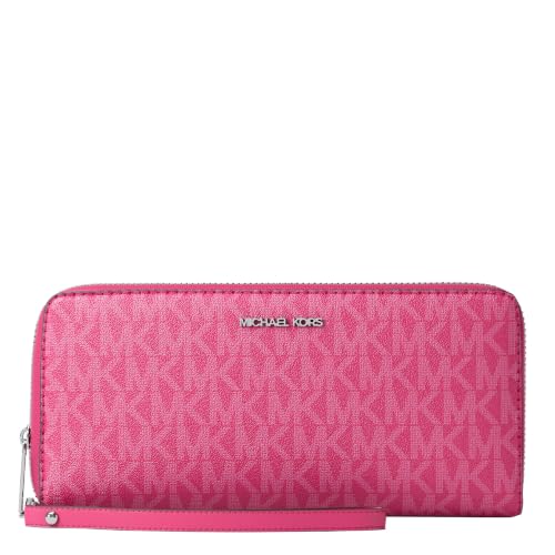 Image of Michael Kors Women's Jet Set Travel Continental, Silver-Tone Hardware /MK Signature Semi Lux Black, Raspberry