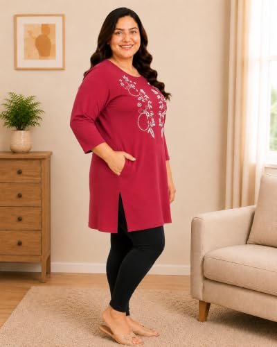 Image of RYSH Women's Plus Size Printed Nightshirt | Round Neck | 3 /4 Sleeve | Relaxed Fit Long Nightwear Top |