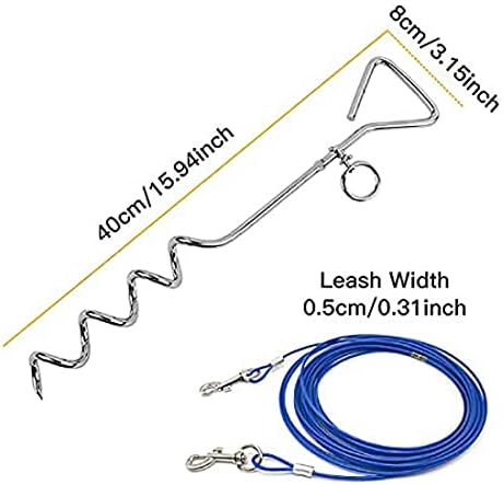 Dog Tie Out Cable and Stake, Spiral Pet Ground Anchor Spike Heavy Duty Stake-Out Dog Spike in Ground for Outdoor Camping Yard and Garden, Small, Medium Pets (10FT, Blue)