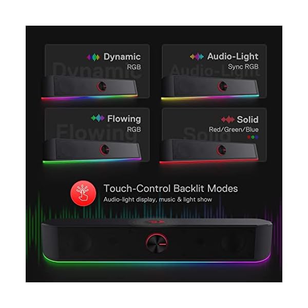 Redragon GS560 Adiemus RGB Desktop Soundbar, 2.0 Channel Computer Speaker with Dynamic Lighting Bar Audio-Light Sync/Display, Touch-Control Backlit with Volume Knob, USB Powered w/ 3.5mm Cable - Image 5