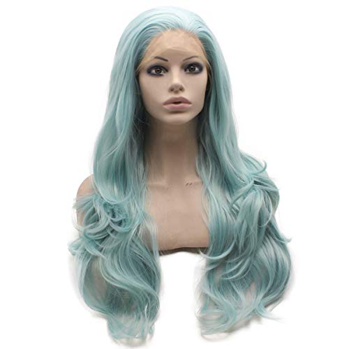 Mxangle Long Wavy Light Blue Half Hand Tied Synthetic Lace Front Wig Fiber Hair Costume Party Wig #TOP3