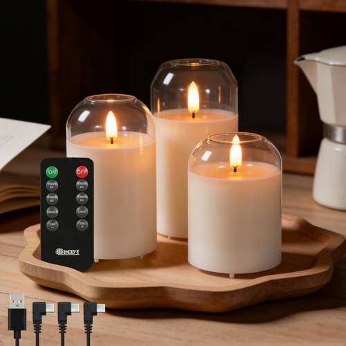 Image of LEDHOLYT Rechargeable Glass Jar Flameless Candles, Realistic Flickering LED Pillar Real Wax Candle with Remote Control and Timer, Ideal for Living Room, Bedroom & Festival Home Decor, 1 Set of 3