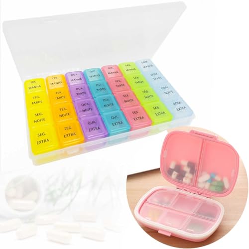 Kit Estojo Caixa Porta Comprimidos Suplemento Vitaminas Di?rio Semanal Dia Noite Port?til (Caixa + Estojo Rosa)