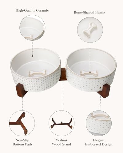 Image of MALACASA Dog Bowl Set, Ceramic Bowls with Walnut Wood Stand, 6 Cups