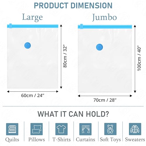 Image of ABOUT SPACE Polyamide Polyethylene Vacuum Compression Bags (12 Pack) with Hand Pump | 6Jumbo /6L Zip Seal Compression Storage Bags | Heavy-Duty Airtight Reusable Space Saver Luggage Organizer (Blue)