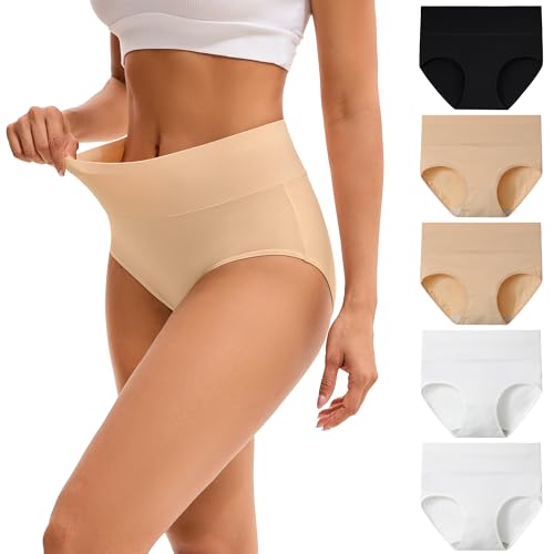 INNERSY Bragas Altas Mujer Algodon Elástico Braguitas Culotte Cintura Alta Ropa Interior Pack de 5 (XL-EU 44, 1 Negro+2 Blanco+2 Beige)