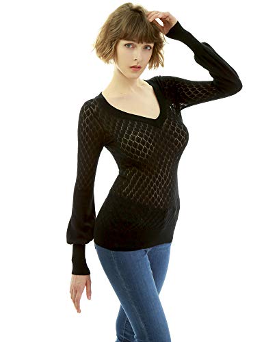 Image of AmelieBoutik Women V Neck Semi Sheer Bishop Sleeve Sweater