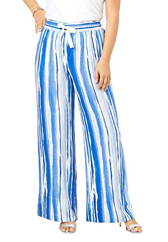 Roamans Women's Plus Size Wide-Leg Pant Pull On Trousers - 16 W, Blue Watercolor Stripe