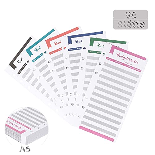 96 Blätte Budget Planner Deutsche A6 Nachfüllpapier (182 Seiten), 6 Holes Budget Sheets Zubehör für Binder Notebook (6 Farben) Cover